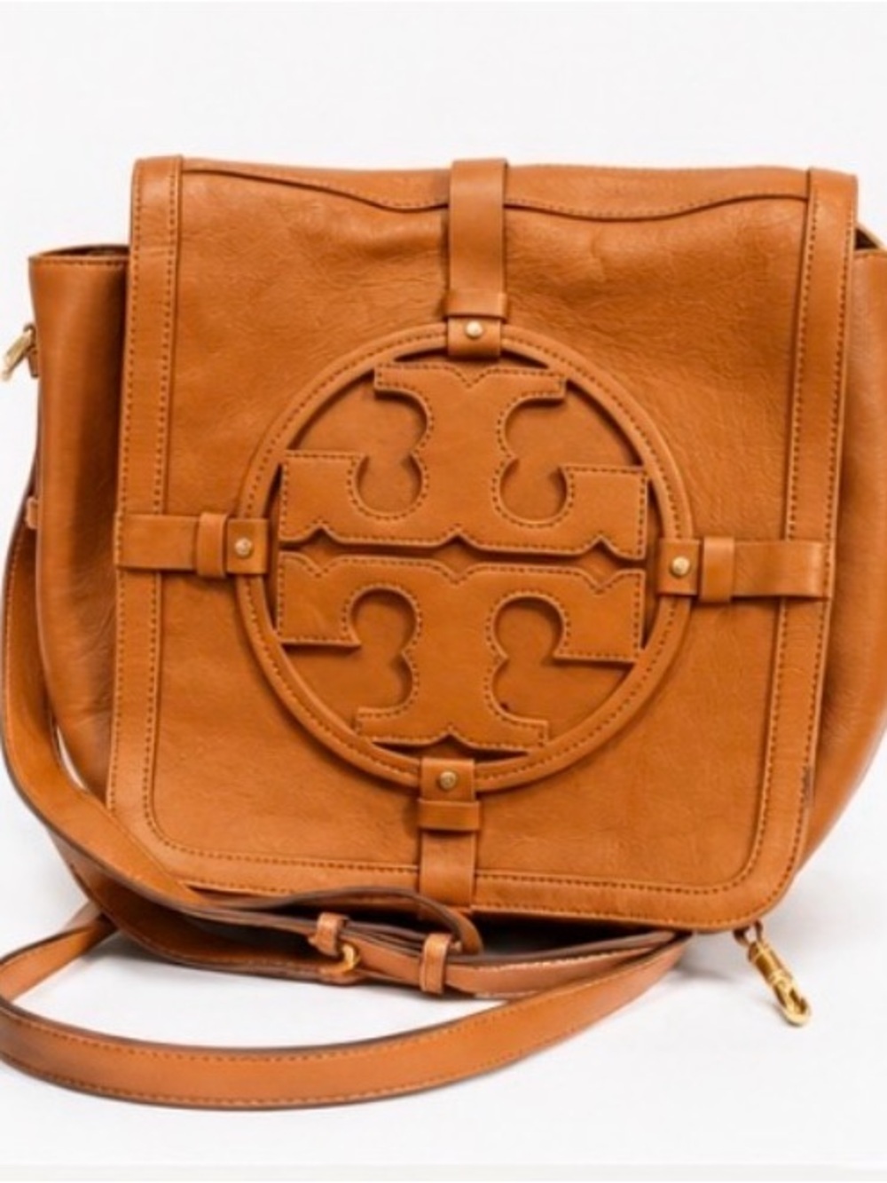 Tory Burch Cognac Leather Crossbody with Signature Logo Medallion